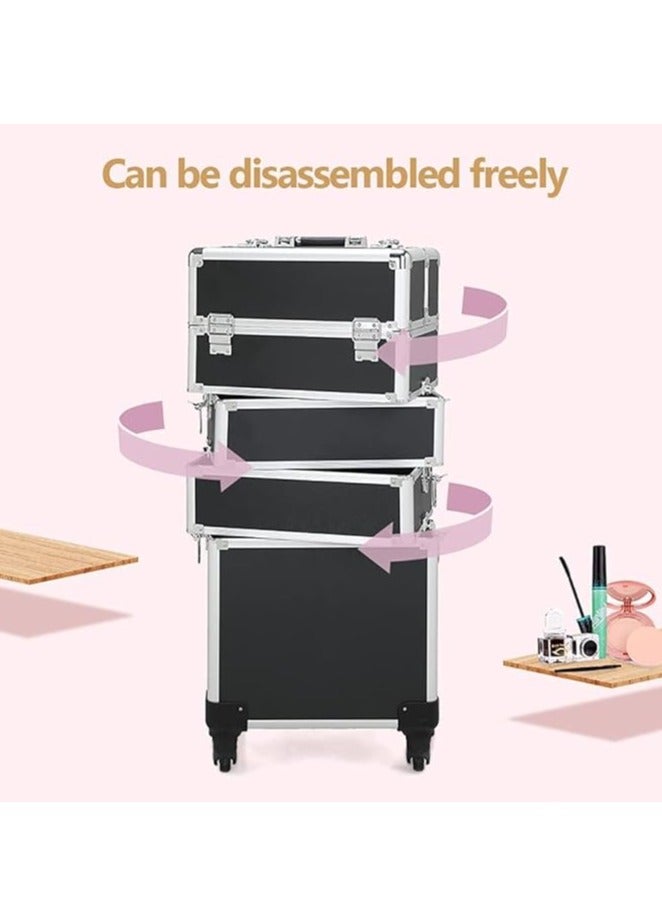 Makeup Trolley Case Professional Makeup Case Large Makeup Train Case with Wheels for Makeup Artist, Nail Tech, Masseuse, Hairstylist (4 Layers, Black) - Image 4