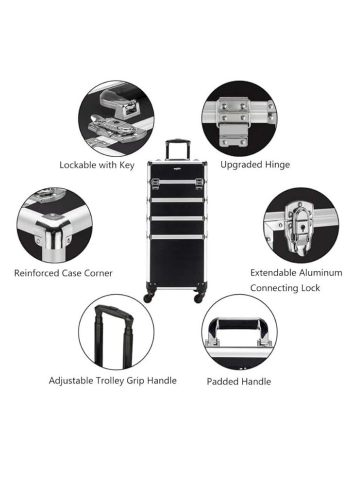 Makeup Trolley Case Professional Makeup Case Large Makeup Train Case with Wheels for Makeup Artist, Nail Tech, Masseuse, Hairstylist (4 Layers, Black) - Image 5