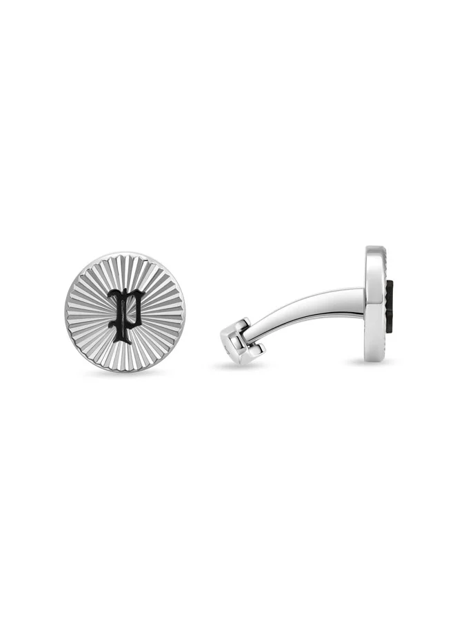 POLICE Ridge Silver Linear Cufflinks with Black P Logo for Men