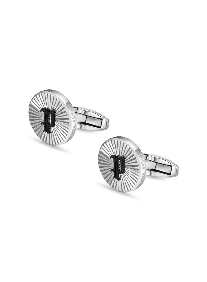 POLICE  Ridge Silver Linear Cufflinks with Black P Logo for Men  | Best Price UAE