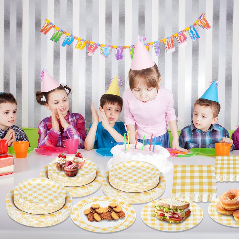 Purhapfre 150Pcs Yellow Gingham Party Supplies Gingham Paper Plates and Napkins Checkered Plates Disposable Yellow and White Plaid Party Decor for Birthday Family Picnic BBQ,Serves 50 Guests - Image 5