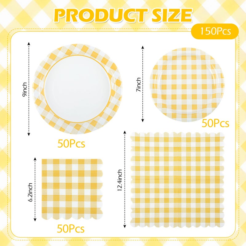 Purhapfre 150Pcs Yellow Gingham Party Supplies Gingham Paper Plates and Napkins Checkered Plates Disposable Yellow and White Plaid Party Decor for Birthday Family Picnic BBQ,Serves 50 Guests - Image 2
