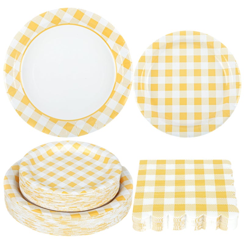 Purhapfre 150Pcs Yellow Gingham Party Supplies Gingham Paper Plates and Napkins Checkered Plates Disposable Yellow and White Plaid Party Decor for Birthday Family Picnic BBQ,Serves 50 Guests - Image 1
