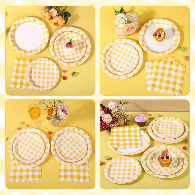 Purhapfre 150Pcs Yellow Gingham Party Supplies Gingham Paper Plates and Napkins Checkered Plates Disposable Yellow and White Plaid Party Decor for Birthday Family Picnic BBQ,Serves 50 Guests - Image 4