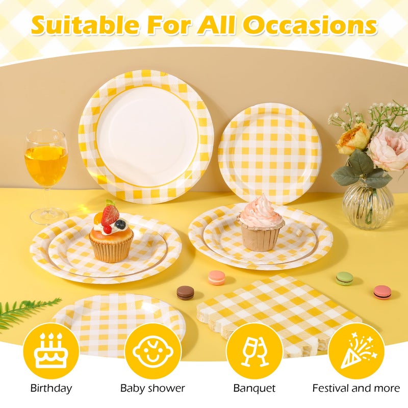 Purhapfre 150Pcs Yellow Gingham Party Supplies Gingham Paper Plates and Napkins Checkered Plates Disposable Yellow and White Plaid Party Decor for Birthday Family Picnic BBQ,Serves 50 Guests - Image 3