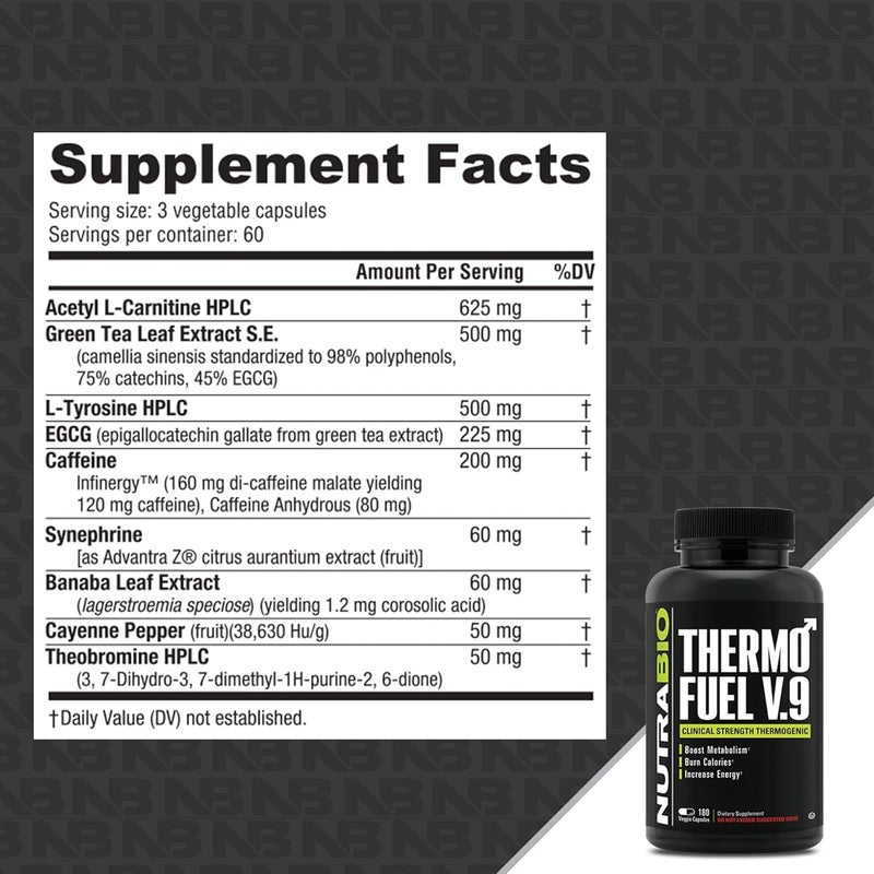 NutraBio ThermoFuel V9 for Men and Women Metabolism Booster and Appetite SuppressantThermogenic Fat Burner180 Capsules - Image 2