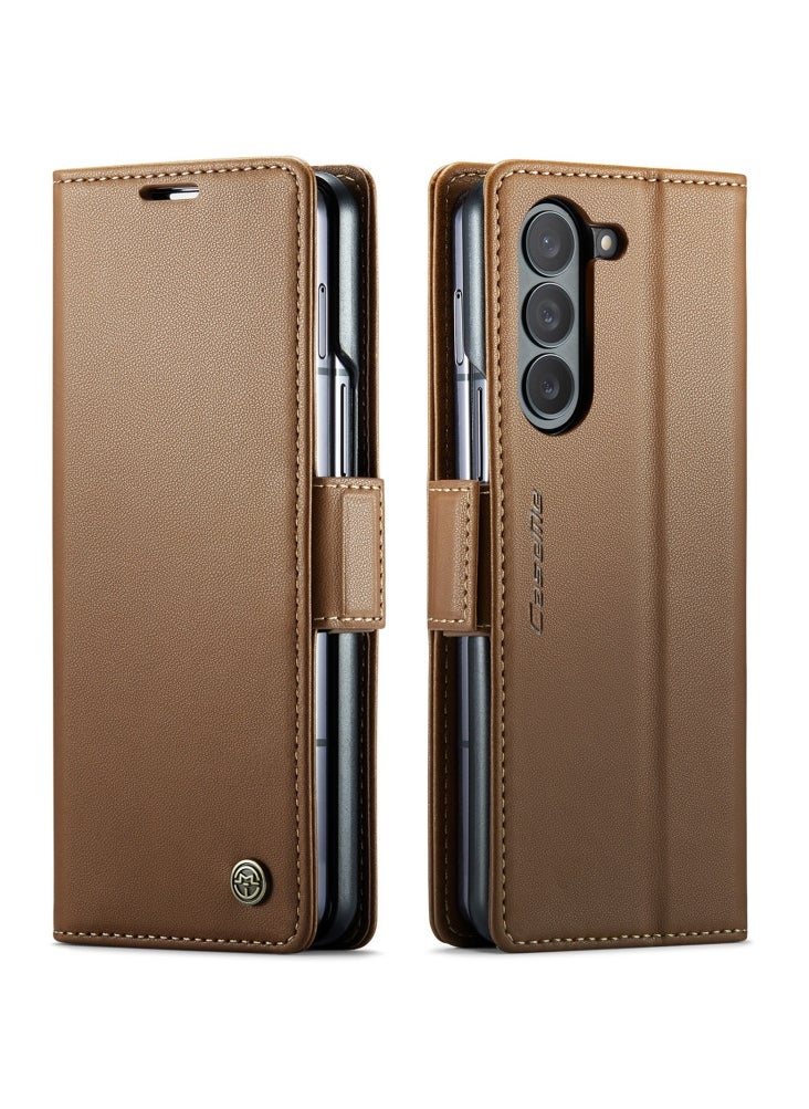 CaseMe - Flip Wallet Case For Samsung Galaxy Z Fold 5 [RFID Blocking] PU Leather Wallet Flip Folio Case with Card Holder Kickstand Shockproof Phone Cover (Brown) - Image 1