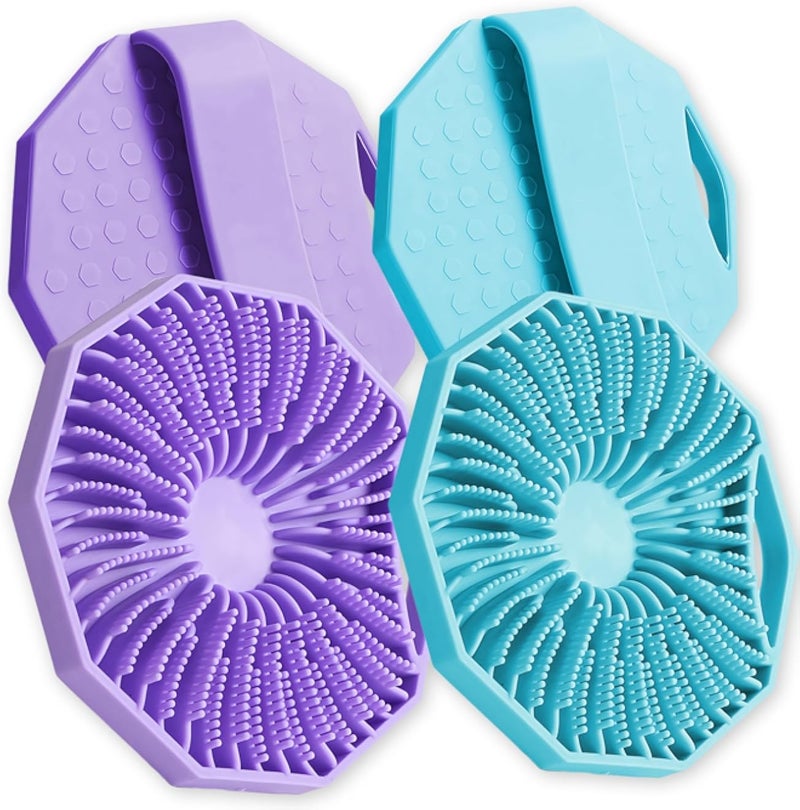 2 Pack Silicone Shower Scrubber (Blue &amp; Purple) - Exfoliating Body Brush for All Skin Types, Hexagonal Bath Brush with Hanger Loop &amp; Non-Slip Grip, Gentle Loofah Alternative for Men &amp; Women