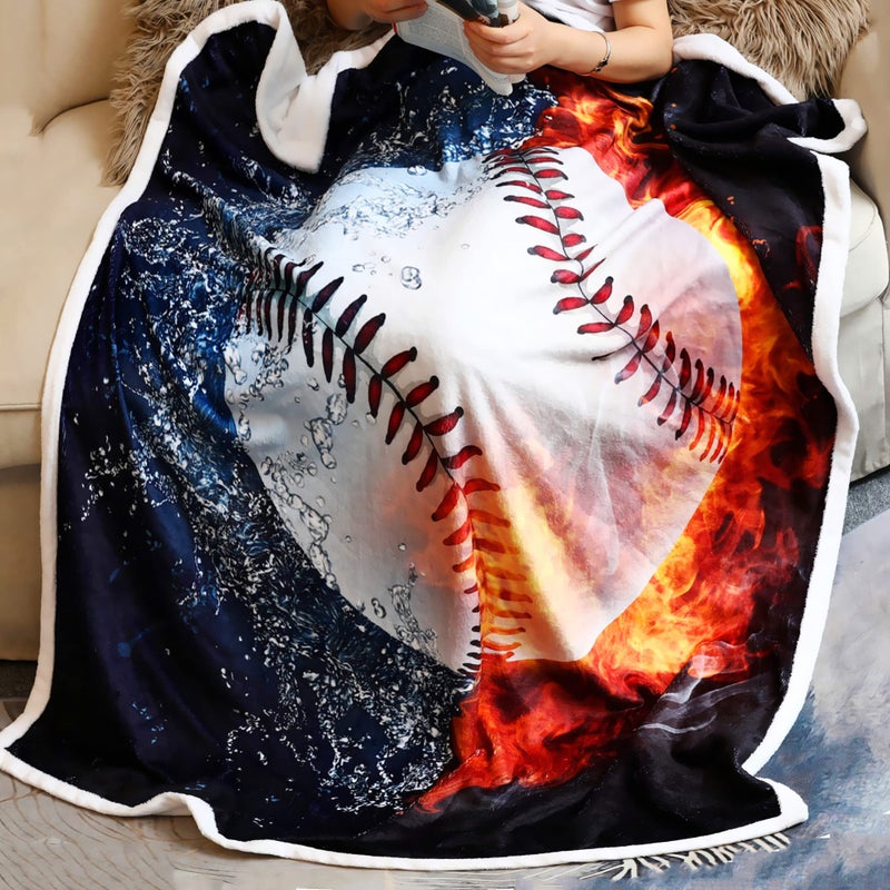 Sviuse Baseball Blanket 3D Print Baseball Throw Blanket Gifts for Boys White Ball in Fire and Water Soft Sport Throw for Kids and Adults All Season Couch Bed Sofa Home Decor (50""x60"") - Image 1