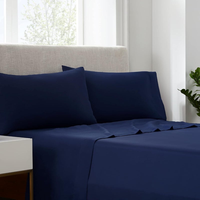 Serta Simply Clean Super Soft Hypoallergenic Stain Resistant Deep Pocket 3 Pieces Solid Bed Sheet Set, Twin XL, Navy - Image 1