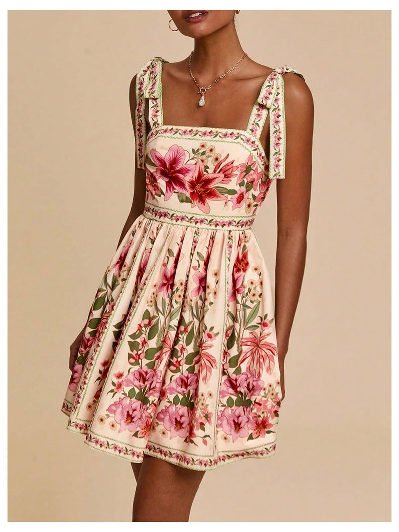 OYOANGLE Women's Floral Sleeveless Boho Beach Dress Tie Shoulder Summer Short Dress Flowy A Line Vacation Sundress Beige X-Small - Image 3