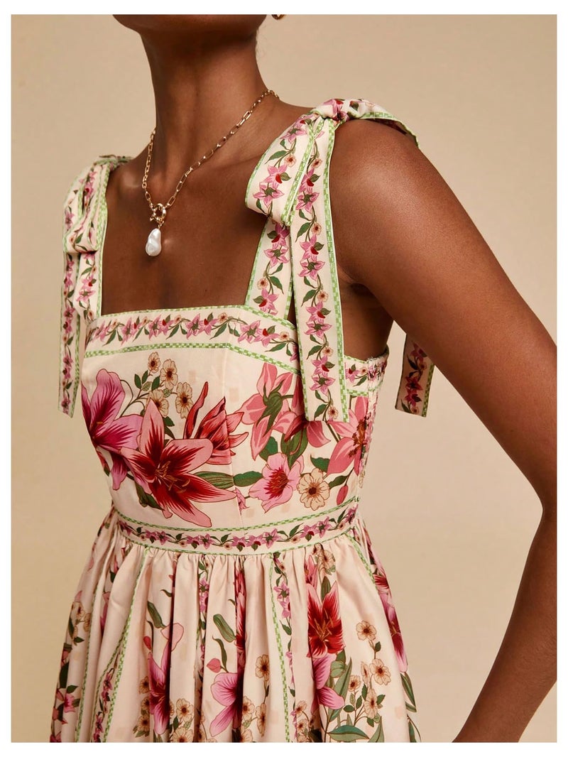 OYOANGLE Women's Floral Sleeveless Boho Beach Dress Tie Shoulder Summer Short Dress Flowy A Line Vacation Sundress Beige X-Small - Image 4