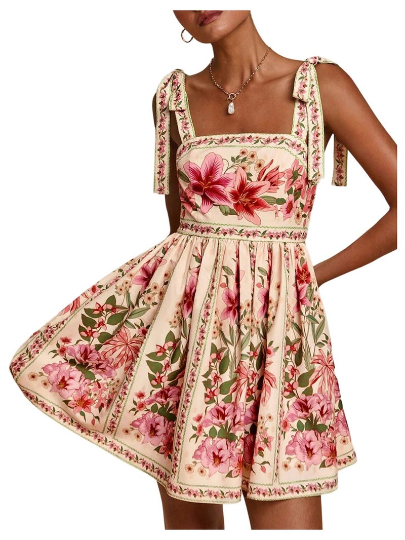 OYOANGLE Women's Floral Sleeveless Boho Beach Dress Tie Shoulder Summer Short Dress Flowy A Line Vacation Sundress Beige X-Small - Image 1