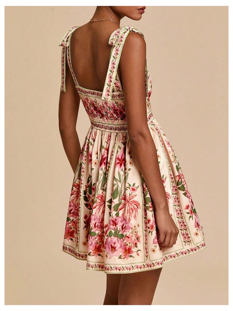 OYOANGLE Women's Floral Sleeveless Boho Beach Dress Tie Shoulder Summer Short Dress Flowy A Line Vacation Sundress Beige X-Small - Image 5