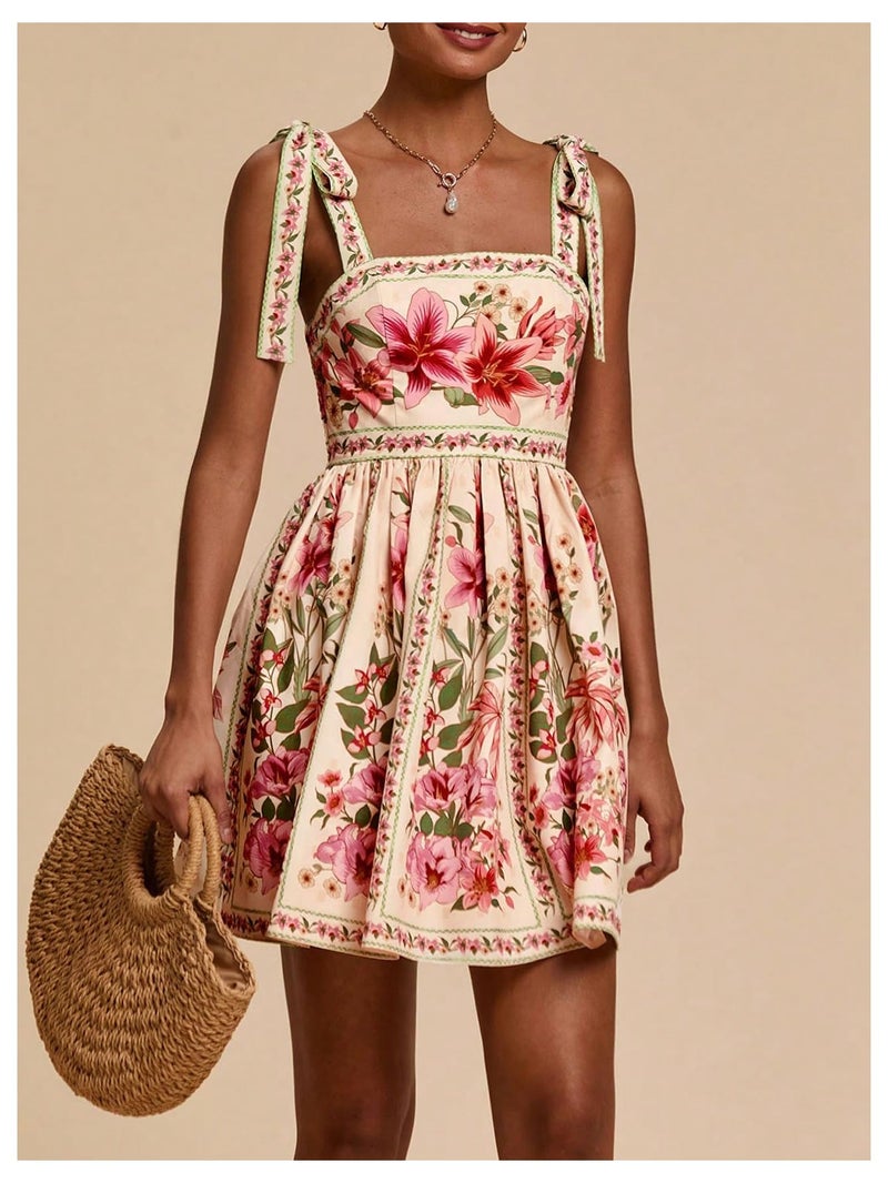 OYOANGLE Women's Floral Sleeveless Boho Beach Dress Tie Shoulder Summer Short Dress Flowy A Line Vacation Sundress Beige X-Small - Image 2