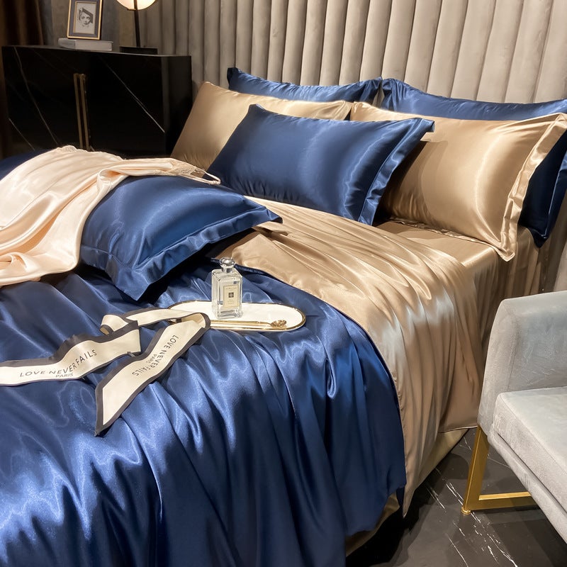 Light Luxury Bed Washed Silk Four-Piece Ice Silk Bed Sheet Quilt Cover Tencel Satin Silky Bedding - Image 1