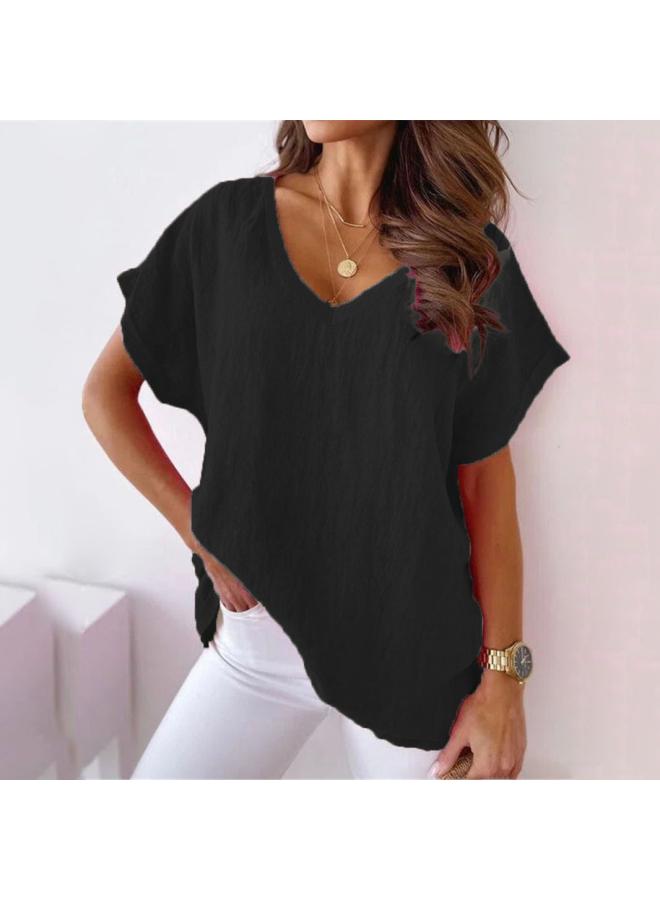 Summer European And American Popular Plus Size Women's Clothing Solid Color V-neck Cotton And Linen Casual Bat Short Sleeve T-shirt For Women