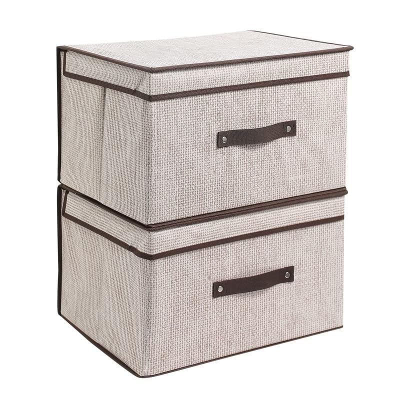 Quail QUAIL NonWoven Rectangular Foldable Jute Printed Storage Box with Lid Handle Collapsible Storage Bin for Organizing Toys Clothes and Books Brown Pack of 2 - Image 1