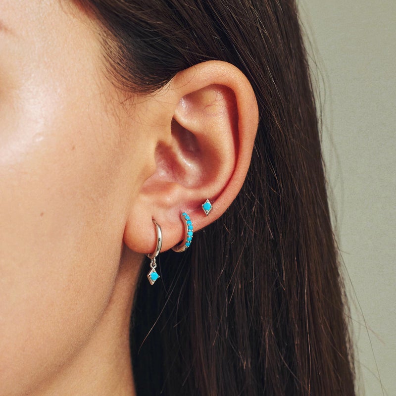 NOKMIT 3 Pairs Mini Hoop Earrings Set for Women Turquoise Huggie Hoop Cute Small Sterling Silver Cartilage Earring Ear Cuff for Multiple Piercing (Turquoise, C) - Image 2