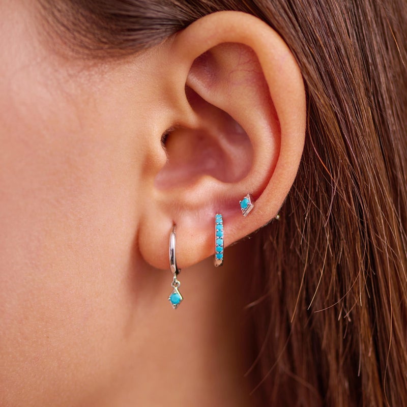 NOKMIT 3 Pairs Mini Hoop Earrings Set for Women Turquoise Huggie Hoop Cute Small Sterling Silver Cartilage Earring Ear Cuff for Multiple Piercing (Turquoise, C) - Image 3