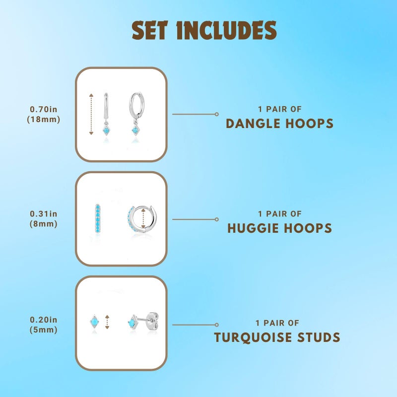 NOKMIT 3 Pairs Mini Hoop Earrings Set for Women Turquoise Huggie Hoop Cute Small Sterling Silver Cartilage Earring Ear Cuff for Multiple Piercing (Turquoise, C) - Image 5