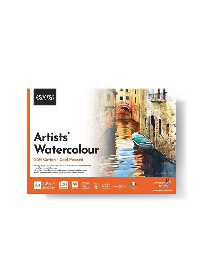 بروسترو BRUSTRO Artist 25% Cotton Watercolor Pad ورق مضغوط على البارد 200 جرام لكل متر مربع A4-20 ورقة  - Image 1