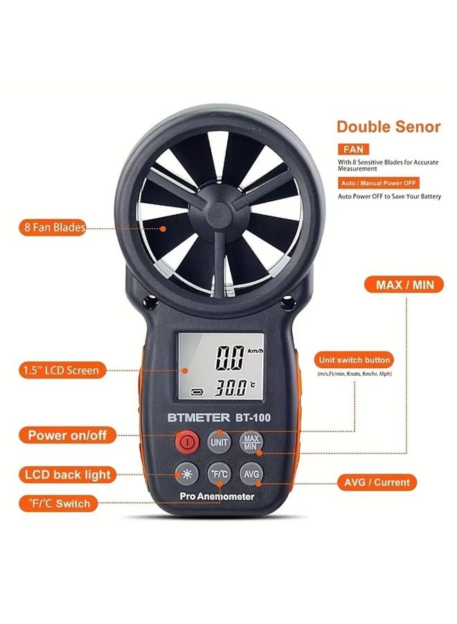 BTMETER BT 100 مقياس سرعة الرياح الأسود المحمول يقيس درجة الحرارة وبرودة الرياح 0-100 ميل في الساعة - Image 4