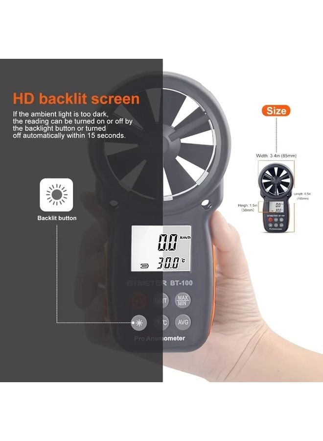 BTMETER BT 100 مقياس سرعة الرياح الأسود المحمول يقيس درجة الحرارة وبرودة الرياح 0-100 ميل في الساعة - Image 3