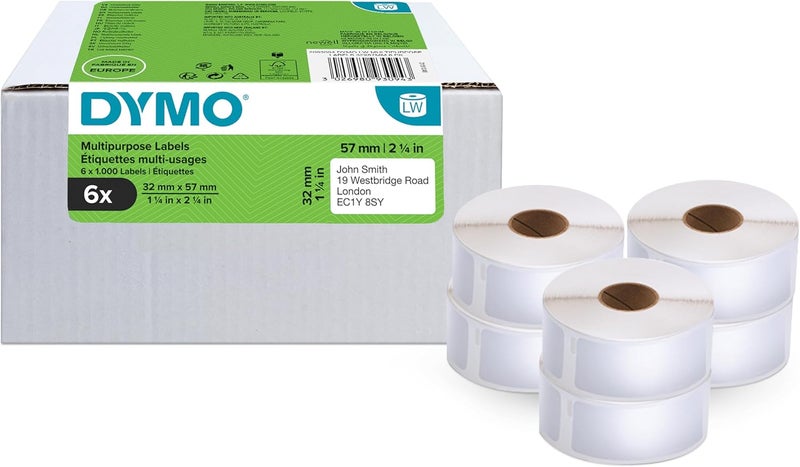 Dymo Original LabelWriter Multi-Purpose Labels 32mm x 57mm 6 Rolls of 1000 Easy Peel Labels (6,000 Labels) Self Adhesive Labels for LabelWriter Labelling Machine - Image 1