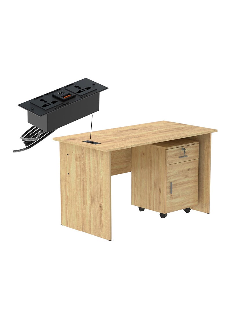 Mahmayi Mahmayi MP1 160x80 Writing Table with Drawers - Oak with Black BS01 Desktop Socket with USB AC Port for Office, Home, and Meeting Room 17 cm - Image 1