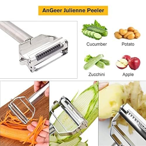 AnGeer Julienne Peeler, Stainless Steel Vegetable Peeler, Double-Sided Blade Vegetable Julienne Cutter and Fruit Slicer, Dual Blade Multifunction Potato Peeler - Image 2