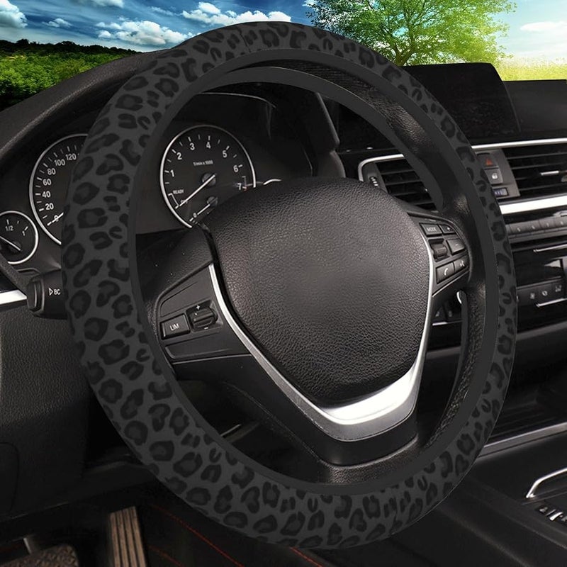 KARREAL Black Leopard Print Cheetah Elastic Steering Wheel Cover, Non-Slip Breathable Neoprene Steering Wheel Covers, Women Leopard Car Accessories, Universal 15 Inch Fit Auto, Suvs, Truck - Image 1