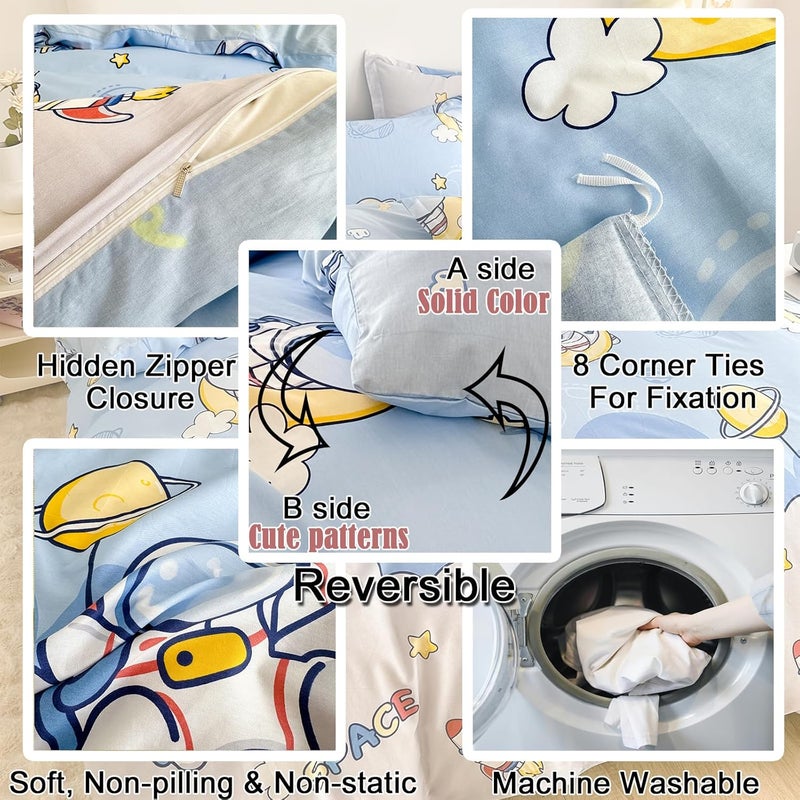 MorroMorn Twin Duvet Cover Cotton, 3 PCS Bed Set Cute Bedding Sets, 1 Comforter Cover 2 Pillow Cases, Soft Breathable Blue Space for Boys Kids Teen Toddlers (Spaceman, Twin/Twin XL Size) - Image 5