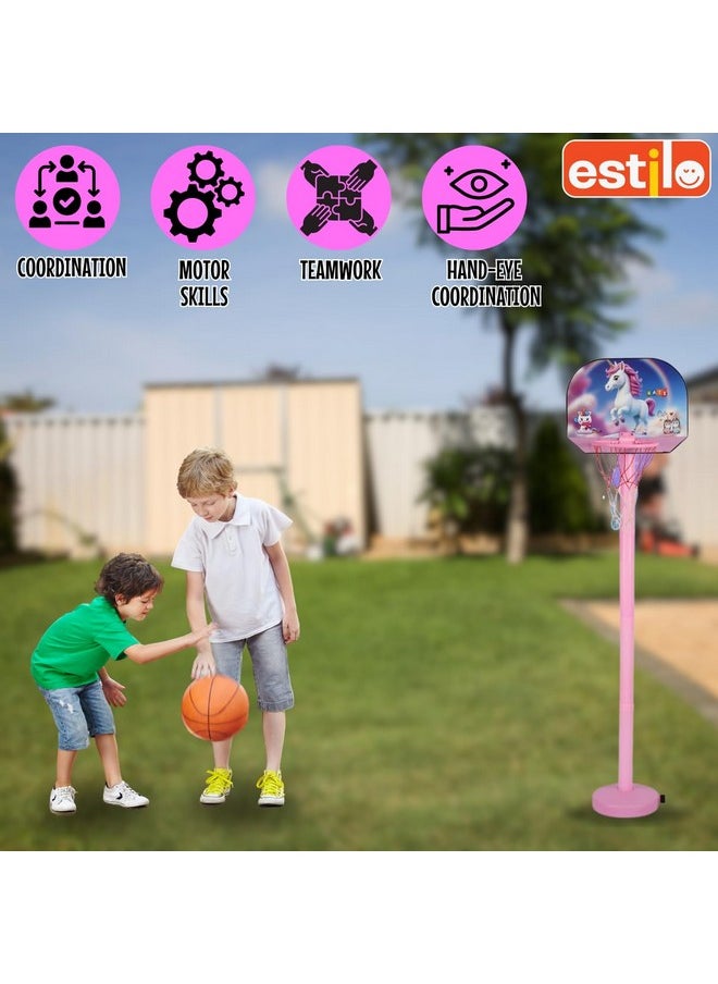 Estilo - Estilo Basketball for Kids 2 in1 Set with Adjustable Stand | 5 Level Adjustable Height with Stand and Ball | Portable Multi Activity Sports Basketball Game for 2+Year Kids (Unicorn) - Image 1