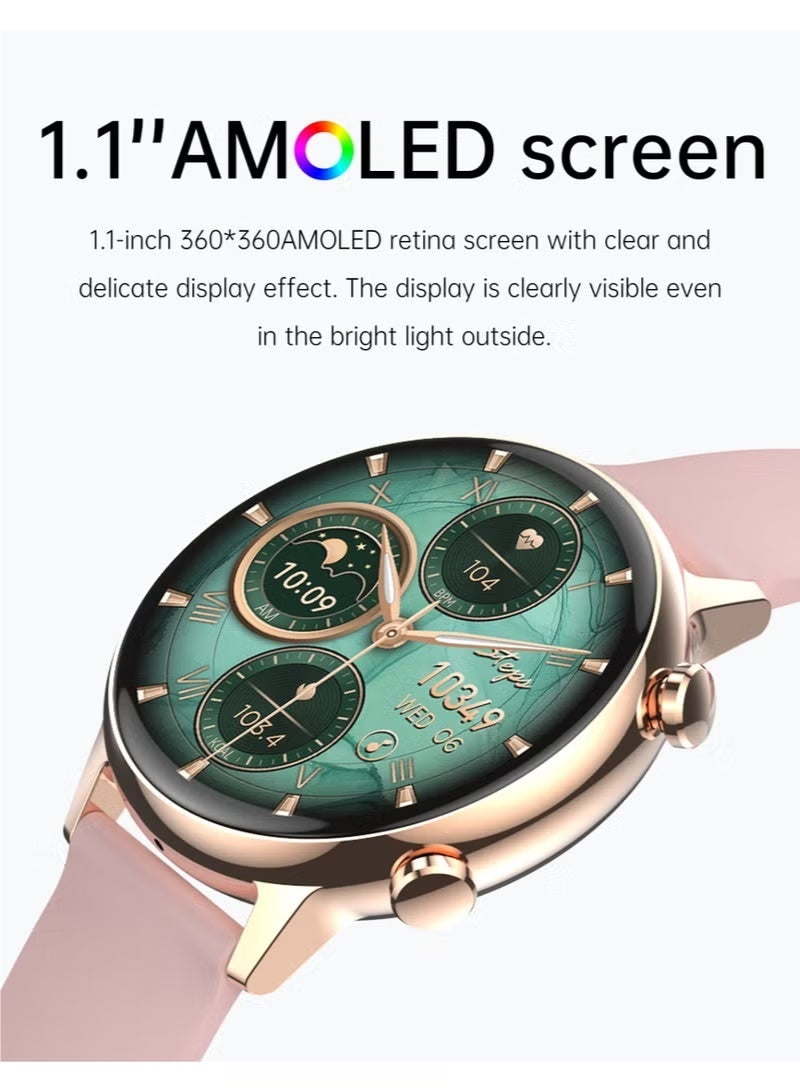 1.1'' AMOLED Smart Watch for Women, IP68 Waterproof Heart Rate Monitor Oxygen Tracking, Comes with a Gold Metal Strap and a Pink Silicone Strap - Image 2