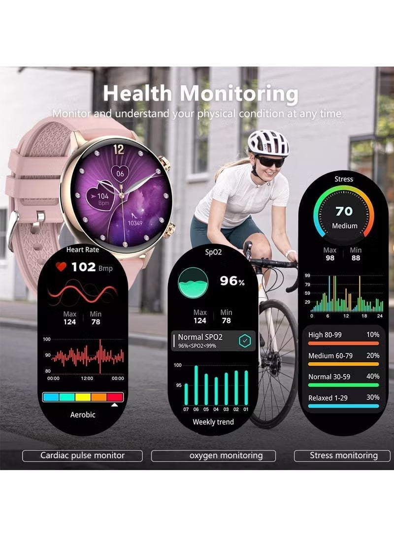 1.1'' AMOLED Smart Watch for Women, IP68 Waterproof Heart Rate Monitor Oxygen Tracking, Comes with a Gold Metal Strap and a Pink Silicone Strap - Image 4