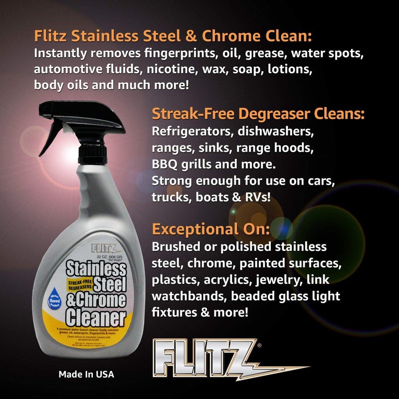 Flitz Stainless Steel & Chrome Clean - 32oz Bottle, USA-Made Stainless Steel Cleaner Spray for Appliances - Grill, Fridge, Sink Stain Remover - Also Works on Aluminum Surfaces (1 Pack) - Image 2