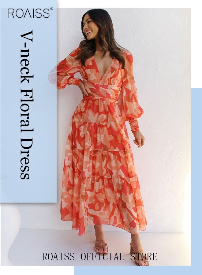 roaiss Ladies Dress A-Line Long Sleeves Big Hem Floral Pattern Print Bright Color Dress  - Image 1