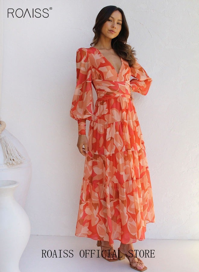 roaiss Ladies Dress A-Line Long Sleeves Big Hem Floral Pattern Print Bright Color Dress  - Image 3