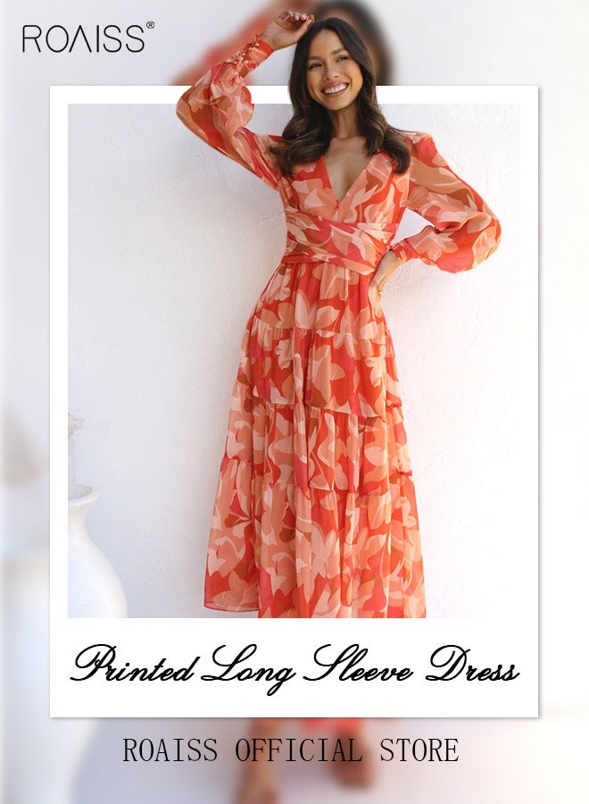 roaiss Ladies Dress A-Line Long Sleeves Big Hem Floral Pattern Print Bright Color Dress  - Image 4