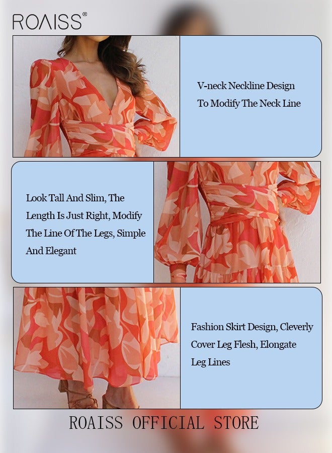 roaiss Ladies Dress A-Line Long Sleeves Big Hem Floral Pattern Print Bright Color Dress  - Image 5