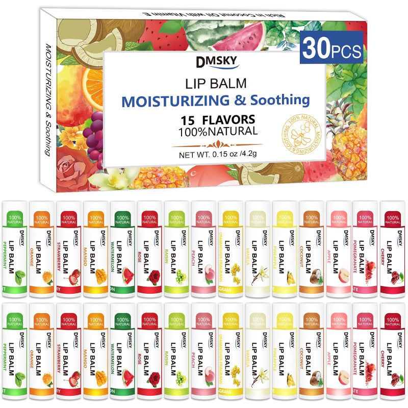 Dmsky DMSKY 30 Pack Lip Balm Natural Lip Balm Bulk with Vitamin E and Coconut Oil 15 Flavors Lip Care Product Moisturizing Soothing Chapped Lips