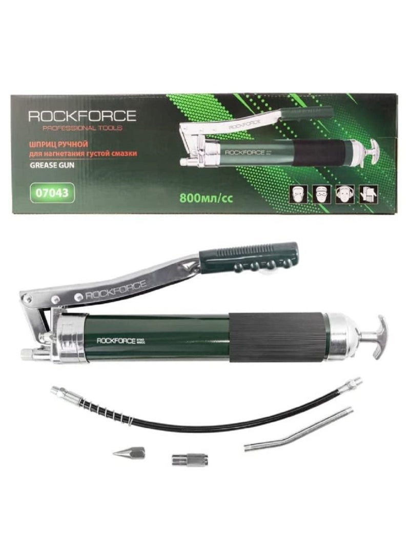 ROCKFORCE Heavy Duty Lever-Action Manual 800ml Grease Gun, Premium Dual Lip Follower with a Rigid (L-140mm) and Flexible (L-400mm) Tips