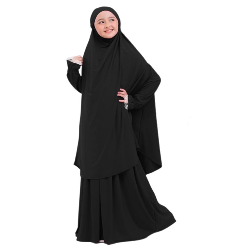 ODIZLI Ramadan Muslim Dress For Kids Girls Abayas Arabic Dress For Girl Muslim Prayer Robes Long Sleeve Hijab Dress with Skirts Kaftan Jilbab Arabian Islamic Muslim Girls Eid Dresses Black 78 Years - Image 2