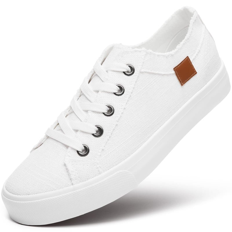 XRH Women's Sneakers Canvas Shoes for Women Lace up Fashion Canvas Sneakers Classic Low Top Casual Shoesï¼ˆWhite.US8ï¼‰ - Image 1