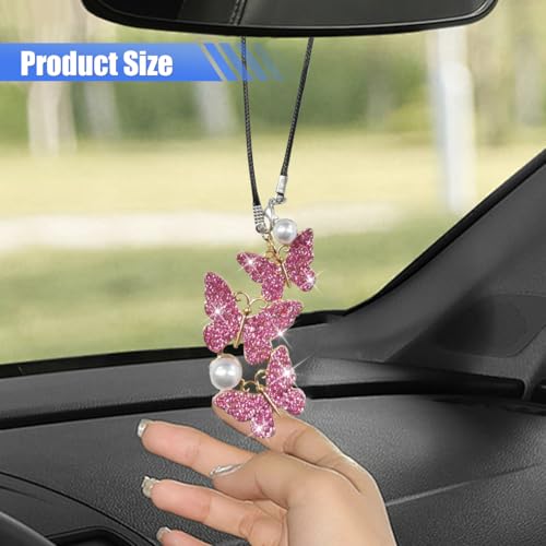 BDZMC Bling Butterfly Diamond Car Hanging Accessories, Crystal Rear View Mirror Charms, Hanging Ornament Pendant Lucky Presents for Women, Interior Decoration Accessories (Pink) - Image 3