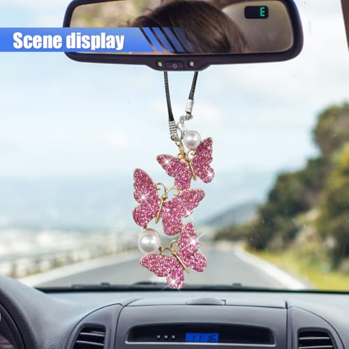 BDZMC Bling Butterfly Diamond Car Hanging Accessories, Crystal Rear View Mirror Charms, Hanging Ornament Pendant Lucky Presents for Women, Interior Decoration Accessories (Pink) - Image 4