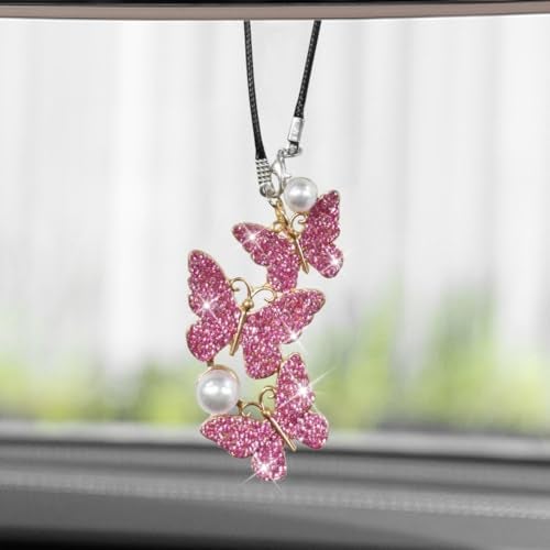 BDZMC Bling Butterfly Diamond Car Hanging Accessories, Crystal Rear View Mirror Charms, Hanging Ornament Pendant Lucky Presents for Women, Interior Decoration Accessories (Pink) - Image 1