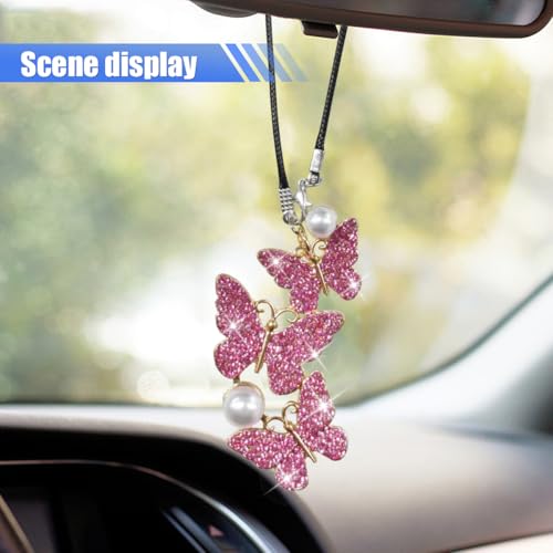 BDZMC Bling Butterfly Diamond Car Hanging Accessories, Crystal Rear View Mirror Charms, Hanging Ornament Pendant Lucky Presents for Women, Interior Decoration Accessories (Pink) - Image 5