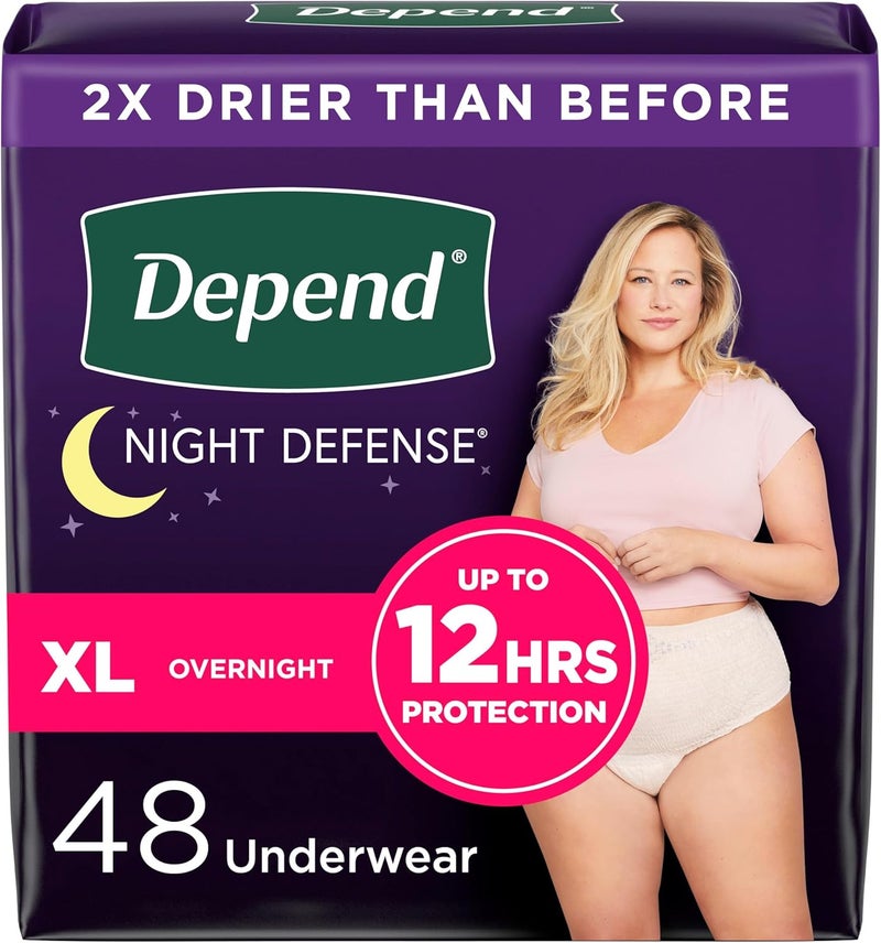 Depend Depend Night Defense Adult Incontinence & Postpartum Bladder Leak Underwear for Women, Disposable, Overnight, Extra-Large, Blush, 48 Count (4 Packs of 12), Packaging May Vary 